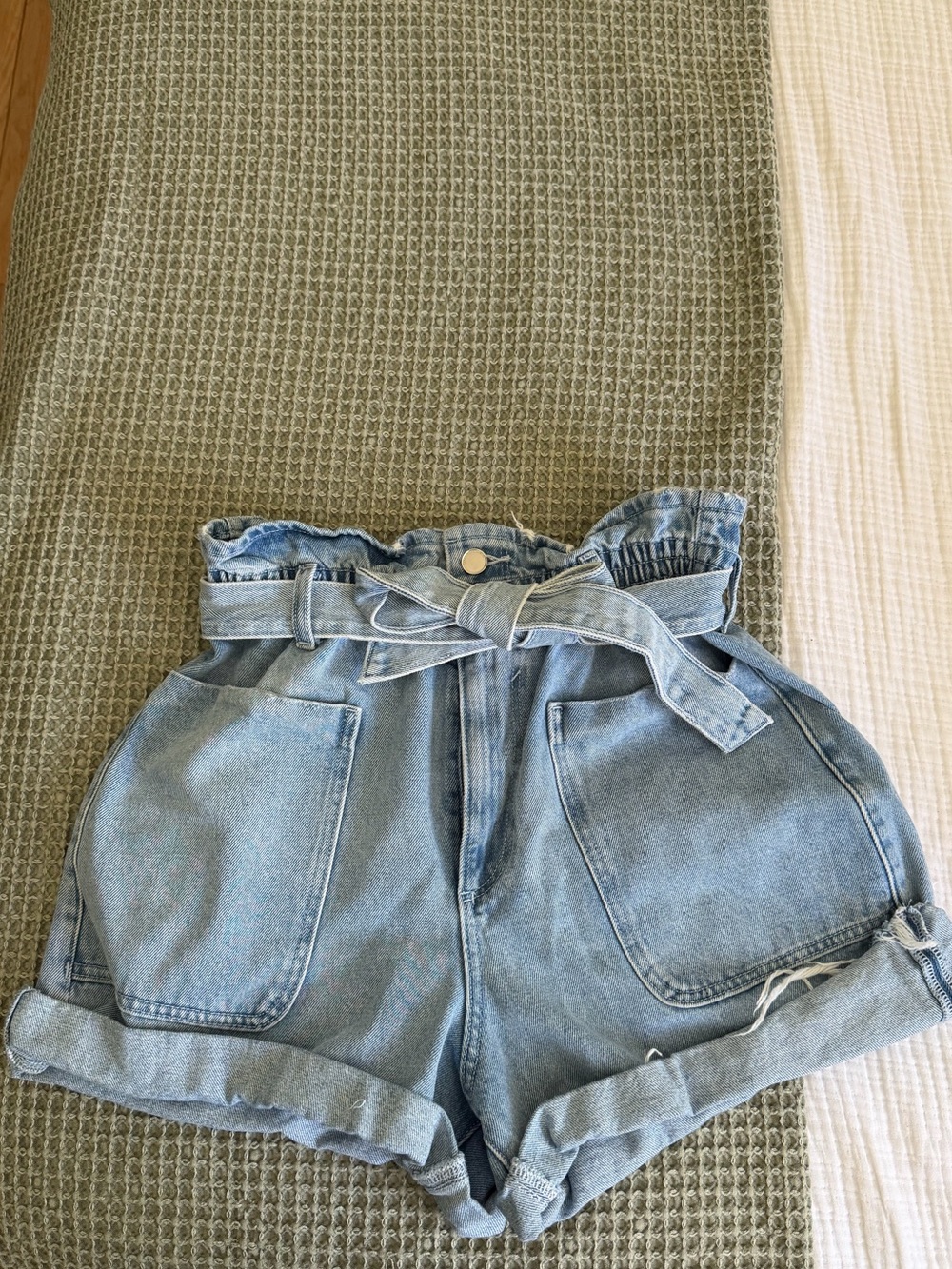 Zara Light Blue Paperbag Waist Denim Shorts with Tie